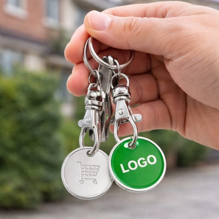 Breloc verde cu fisa metalica pentru carucior prins de chei, obiect promotional folosit frecvent pentru vizibilitate constanta a logo ului