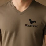 Detaliu personalizare tricou bărbați army cu anchior în V, logo aplicat prin transfer termic pe material premium