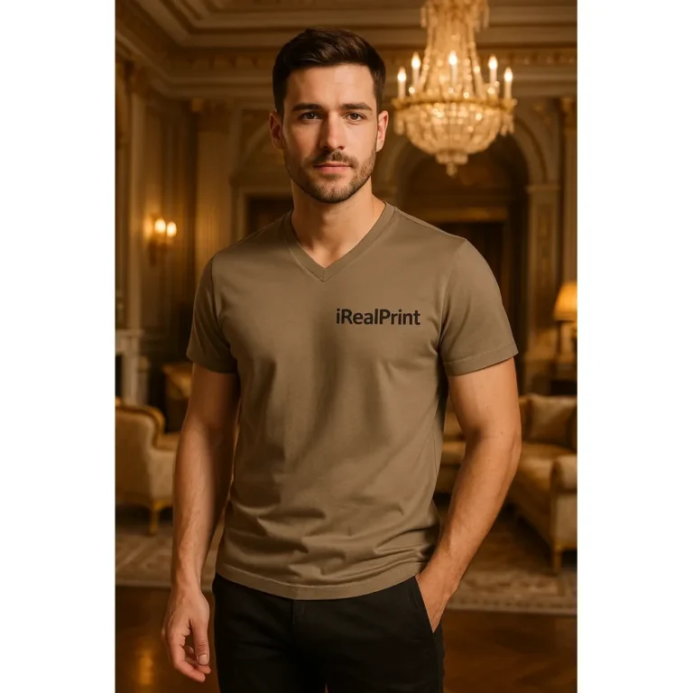 Bărbat purtând tricou army personalizat cu anchior în V, look masculin puternic și stil tactic rafinat pentru apariții smart casual