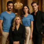 Grup purtand tricouri denim cu anchior in V personalizate, tinuta casual autentica si imagine coerenta masculina