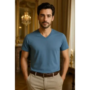 Model masculin imbracat in tricou denim cu anchior in V, look urban relaxat si stil natural echilibrat