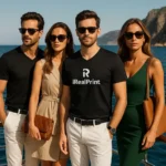 Bărbați purtând tricou personalizat ebony gray cu anchior în V, outfit premium și imagine profesională