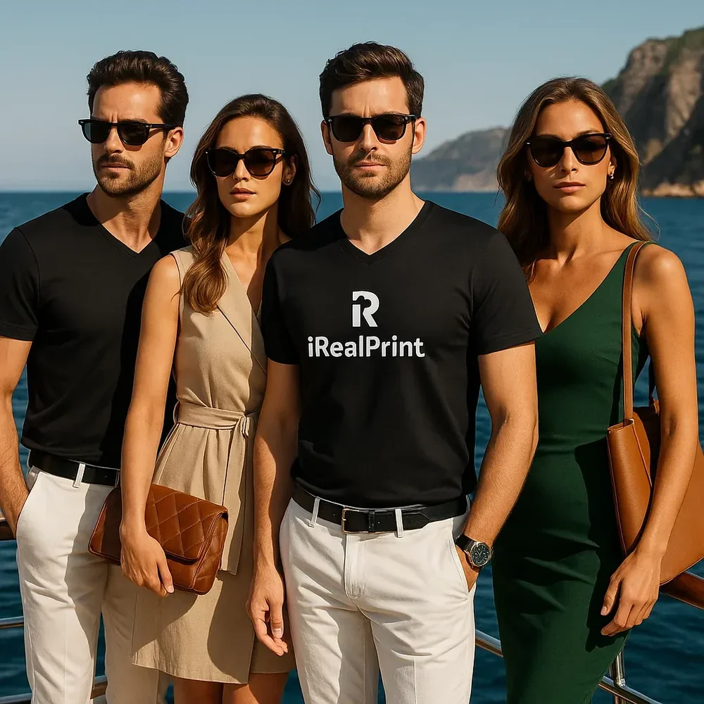 tricou-barbati-anchior-v-ebony-gray-lifestyle-premium-outfit Bărbați purtând tricou personalizat ebony gray cu anchior în V, outfit premium și imagine profesională