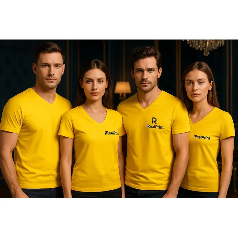 Grup purtand tricouri galbene cu anchior in V personalizate, expresie vizuala puternica si energie masculina
