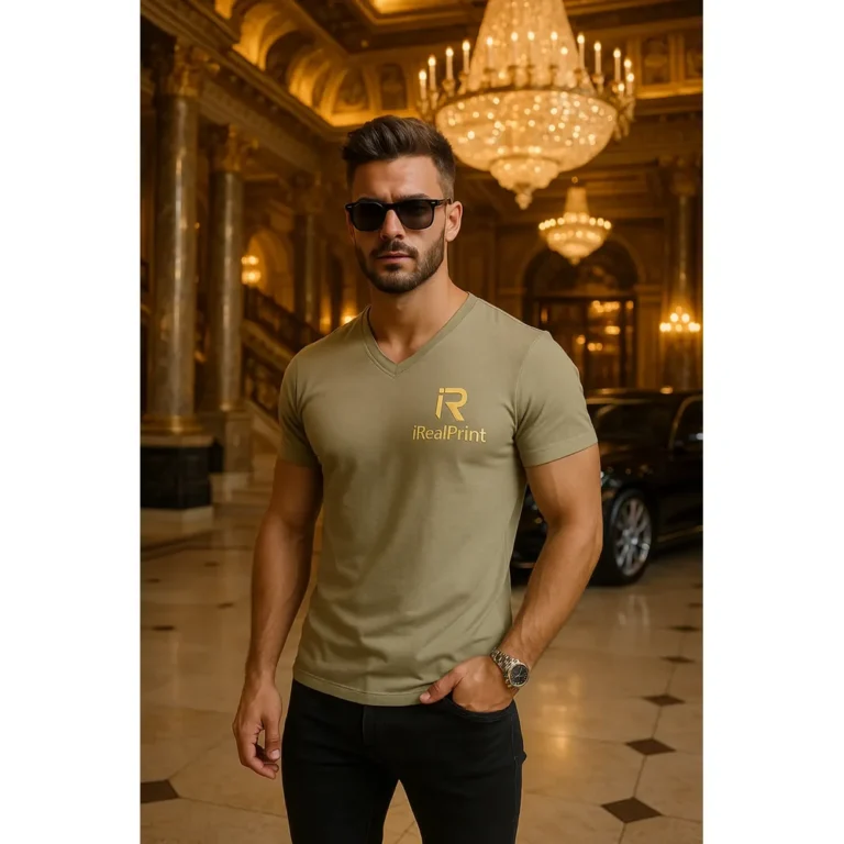 Detaliu personalizare pe tricou kaki cu anchior in V, mesaj autentic integrat armonios si transfer termic clar definit