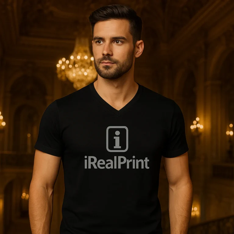 Tricou negru cu anchior in V personalizat prin transfer termic, mesaj clar si impact vizual memorabil