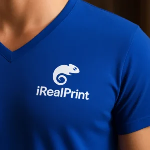 Close up tricou albastru regal cu anchior în V personalizat, detaliu logo imprimat clar prin transfer termic și textură premium a materialului