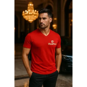 Tricou barbati rosu cu anchior in V personalizat, expresie de energie si autoritate masculina in cadru elegant