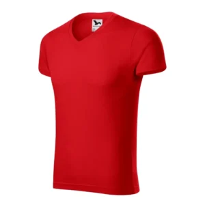 Detaliu personalizare prin transfer termic pe tricou rosu cu anchior in V, contrast vizual puternic si finisaj premium