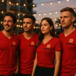 Grup purtand tricouri rosii cu anchior in V personalizate, prezenta puternica si identitate vizuala memorabila