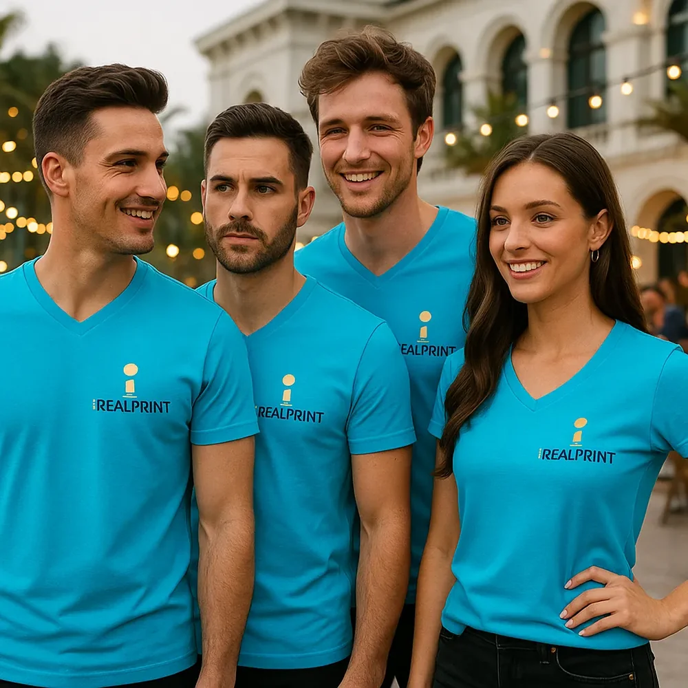 tricou-barbati-anchior-v-turcoaz-grup-social-impact-autentic Echipa imbracata in tricouri turcoaz cu anchior in V personalizate, prezenta fresh si energie pozitiva in context urban