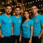 Detaliu personalizare prin transfer termic pe tricou barbati turcoaz cu anchior in V, claritate impecabila si contrast premium