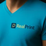 Detaliu personalizare prin transfer termic pe tricou barbati turcoaz cu anchior in V, claritate impecabila si contrast premium