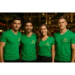 Detaliu personalizare pe tricou barbati verde mediu cu anchior in V, transfer termic clar si contrast profesional echilibrat