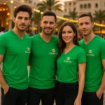 Grup purtand tricouri verde mediu cu anchior in V personalizate, imagine coerenta si identitate vizuala puternica