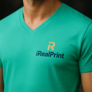 Detaliu personalizare pe tricou barbati verde menta cu anchior in V, transfer termic clar si contrast elegant