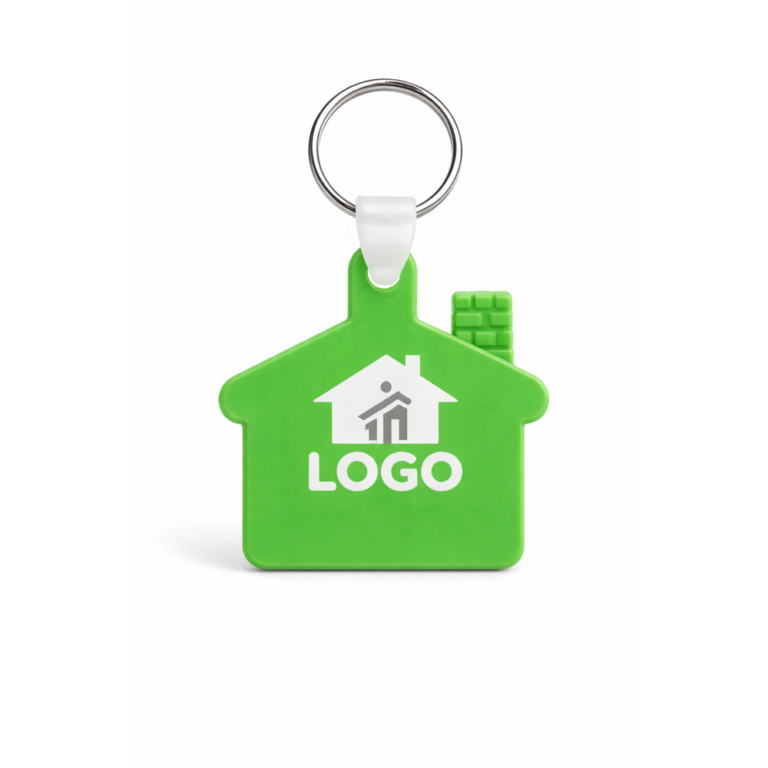 Breloc verde în formă de casă personalizat cu logo, imagine produs principal pentru branding imobiliar și promovare orientată spre stabilitate