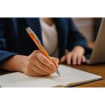 Pix metalic aluminiu personalizat Hello portocaliu utilizat pentru scrierea notițelor într-un context de birou, pix promoțional metalic cu logo pentru branding profesional și utilizare zilnică