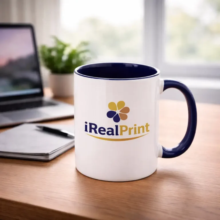 Cană personalizată cu interior albastru navy și logo iRealPrint plasată pe birou lângă laptop și agendă, sugerând utilizarea zilnică într-un mediu office modern