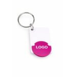 Breloc dreptunghiular cu FISĂ de cumpărături personalizat roz, realizat din plastic rezistent, cu logo vizibil și design promoțional prietenos pentru utilizare zilnică