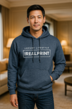 Hanorac bărbați personalizat heather navy din bumbac premium cu glugă reglabilă și buzunar frontal tip kangaroo, design iRealPrint Luxury Lifestyle evidențiind stilul masculin modern, confortul materialului și eleganța casual a unui outfit contemporan