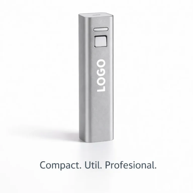 Baterie externă personalizată argintie din aluminiu, power bank compact 2600 mAh cu logo, prezentare produs principal pe fundal neutru pentru branding premium