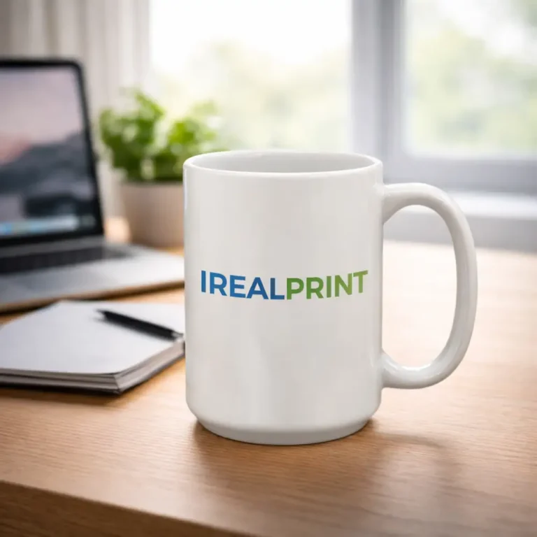 Cană albă personalizată 450ml cu logo iRealPrint plasată pe birou lângă laptop și agendă, sugerând utilizarea zilnică într-un mediu office modern