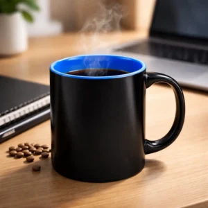 Cana termosensibila personalizata albastru inchis cu cafea fierbinte pe birou, ilustrand efectul termic si utilizarea zilnica intr-un cadru de lucru