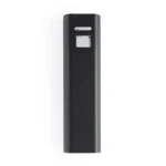 Baterie externă personalizată neagră din aluminiu, power bank 2600 mAh fără personalizare, imagine produs pe fundal neutru pentru prezentare tehnică