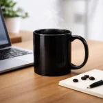 Cana termosensibila personalizata negru onyx cu bautura fierbinte pe birou langa laptop si agenda, ilustrand utilizarea zilnica si efectul termoreactiv