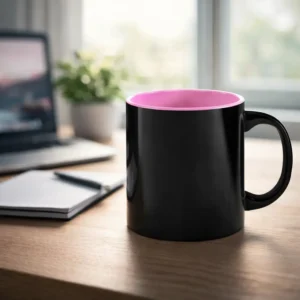Cana termosensibila personalizata roz pastel cu bautura fierbinte pe birou langa laptop si agenda, ilustrand utilizarea zilnica si efectul termoreactiv