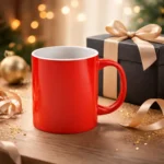 Cana termosensibila personalizata rosu lucios prezentata langa cutie cadou eleganta, ilustrand un cadou memorabil cu efect vizual surprinzator