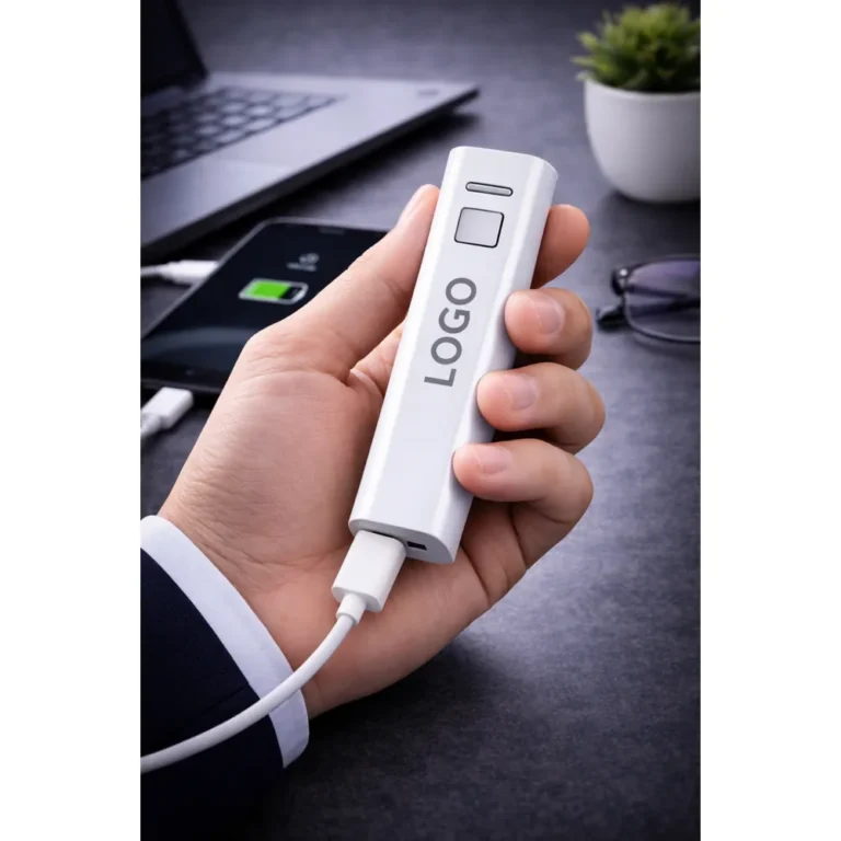 Baterie externă personalizată albă din aluminiu, surprinsă în utilizare reală, power bank cu logo vizibil, ideal pentru branding corporate și utilizare zilnică profesională