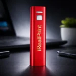 Baterie externă personalizată roșie din aluminiu, surprinsă în utilizare reală, power bank cu logo vizibil, ideal pentru campanii promoționale și branding cu impact vizual puternic