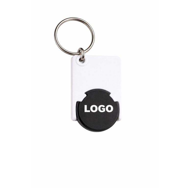 Breloc dreptunghiular cu FISĂ de cumpărături personalizat negru, accesoriu promoțional din plastic rezistent cu design elegant, contrast puternic și logo clar vizibil