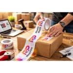Aplicare scotch personalizat cu fond alb pe cutie de carton, proces de ambalare pentru branding profesional vizibil