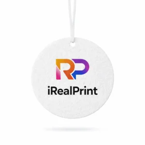 Odorizant auto rotund personalizat cu logo, prezentare produs pe fundal alb si design clar pentru branding eficient
