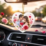 Odorizant auto in forma de inima personalizat cu fotografie de cuplu, utilizat in masina la apus pentru atmosfera romantica