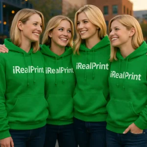 Grup de femei purtand hanorace verde irish personalizate, imagine de echipa cu vizibilitate ridicata si stil energic modern