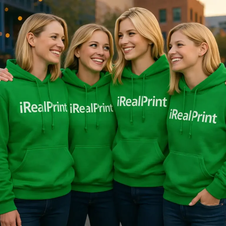 Grup de femei purtand hanorace verde irish personalizate, imagine de echipa cu vizibilitate ridicata si stil energic modern