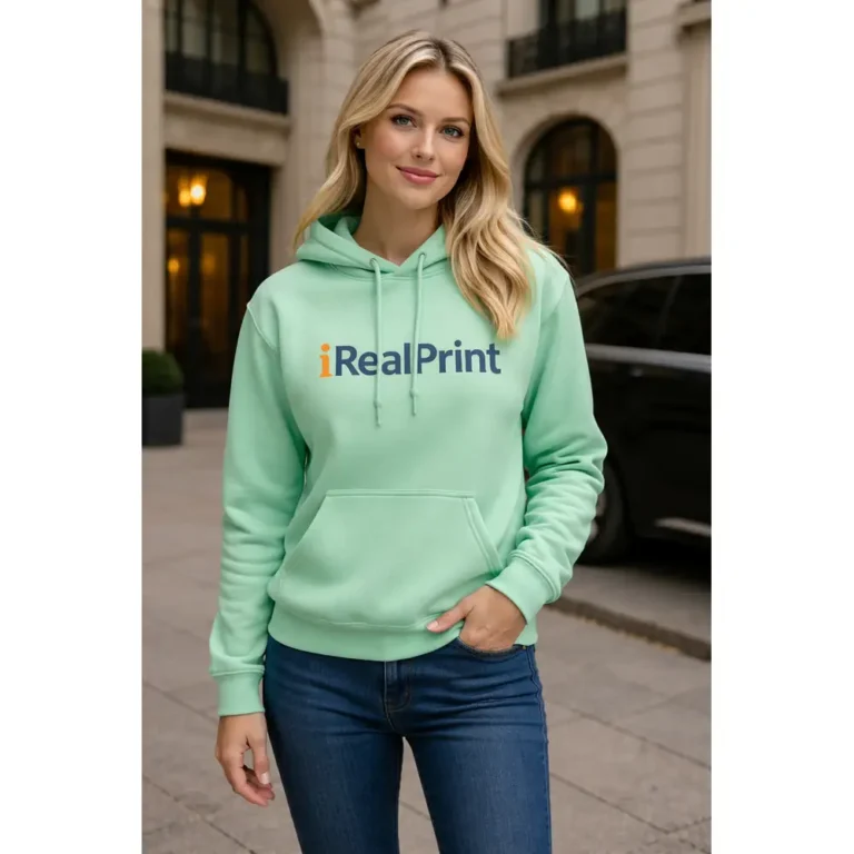 Hanorac dama verde menta personalizat purtat in oras, look fresh si luminos cu stil modern si prezenta vizuala placuta