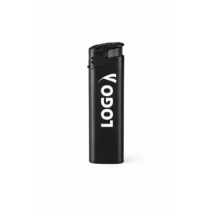 Brichetă simplă clasică personalizată negru, produs prezentat pe fundal alb, brichetă promoțională elegantă cu logo alb pentru branding corporate și campanii profesionale.