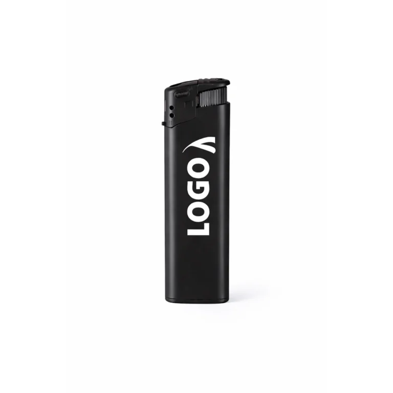 Brichetă simplă clasică personalizată negru, produs prezentat pe fundal alb, brichetă promoțională elegantă cu logo alb pentru branding corporate și campanii profesionale.