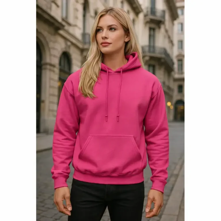Hanorac dama roz heliconia personalizat purtat in oras, stil urban modern cu impact vizual puternic si prezenta feminina increzatoare