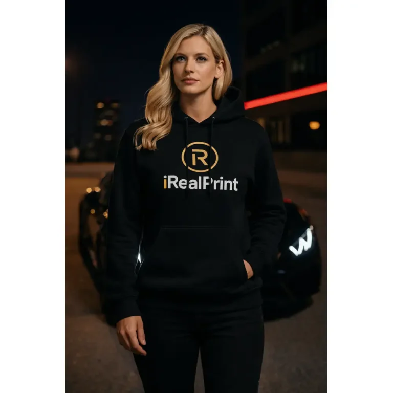 Hanorac dama negru personalizat purtat noaptea in oras, stil urban premium cu prezenta eleganta si atitudine moderna