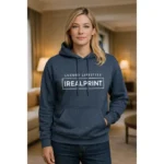 Hanorac damă heather navy personalizat într-un decor interior elegant, stil luxury lifestyle și aspect modern rafinat