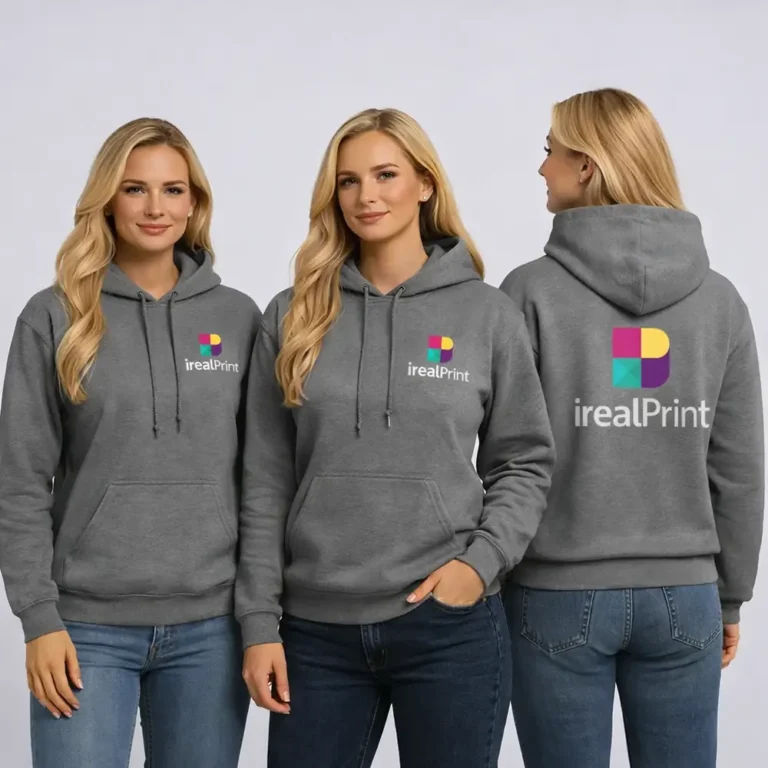 Hanorac damă gri graphite prezentat din față și spate, evidențiind personalizarea și croiul unisex într-o imagine completă