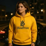Hanorac damă gold purtat în oraș noaptea, cu logo central și impact vizual puternic într-un cadru urban modern