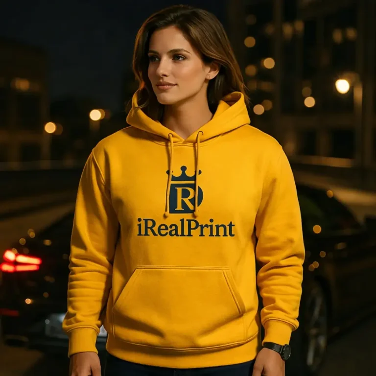 Hanorac damă gold purtat în oraș noaptea, cu logo central și impact vizual puternic într-un cadru urban modern