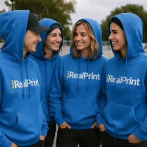 Grup de persoane purtând hanorace albastru regal personalizate, evidențiind unitatea echipei și vizibilitatea brandului